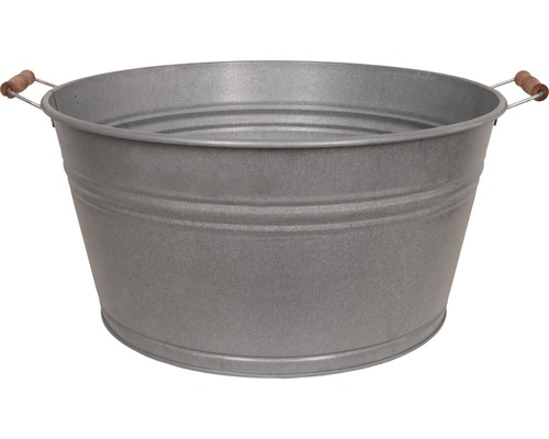 Zinken kuip met houten handvat Ø 49,5 cm H 25 cm 36 L oud zink