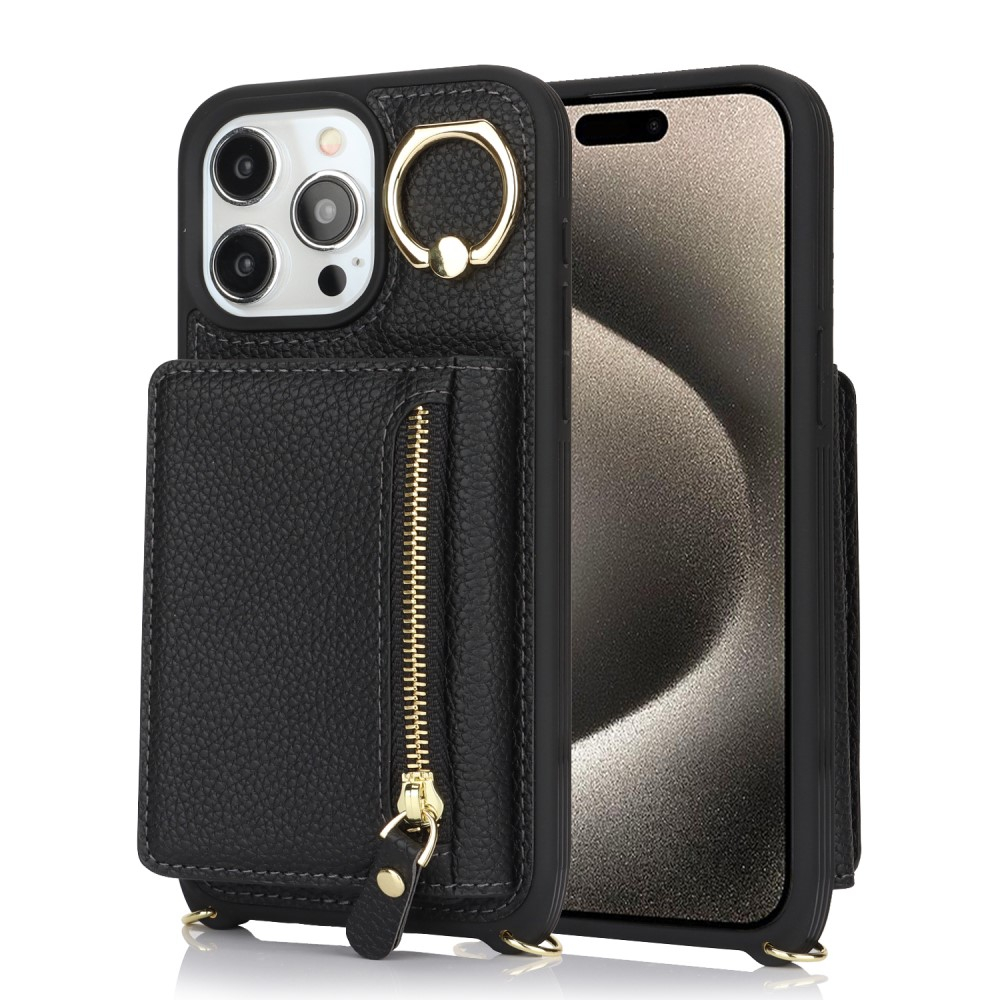 iPhone 15 Pro Necklace Leder Hülle mit Münzfach und Kartenfächer   Finger Griff Halterung   Handykette - Schwarz