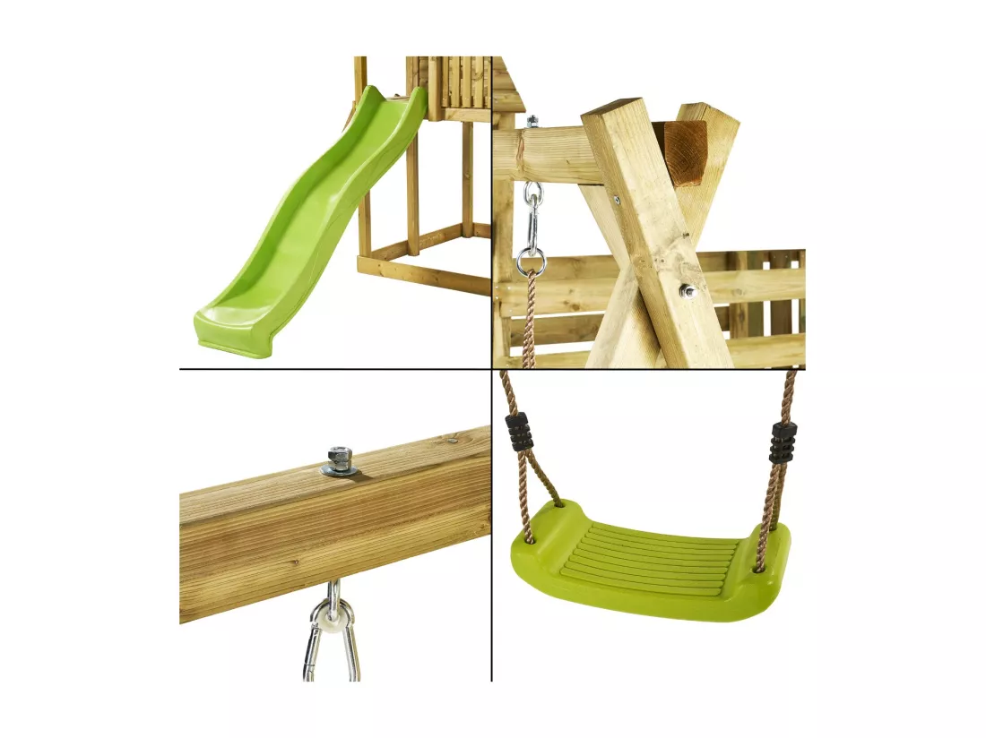 KANGUI Aire de jeux en bois avec cabane sur pilotis WAPITI- Balançoires, toboggan, cabane avec balcon