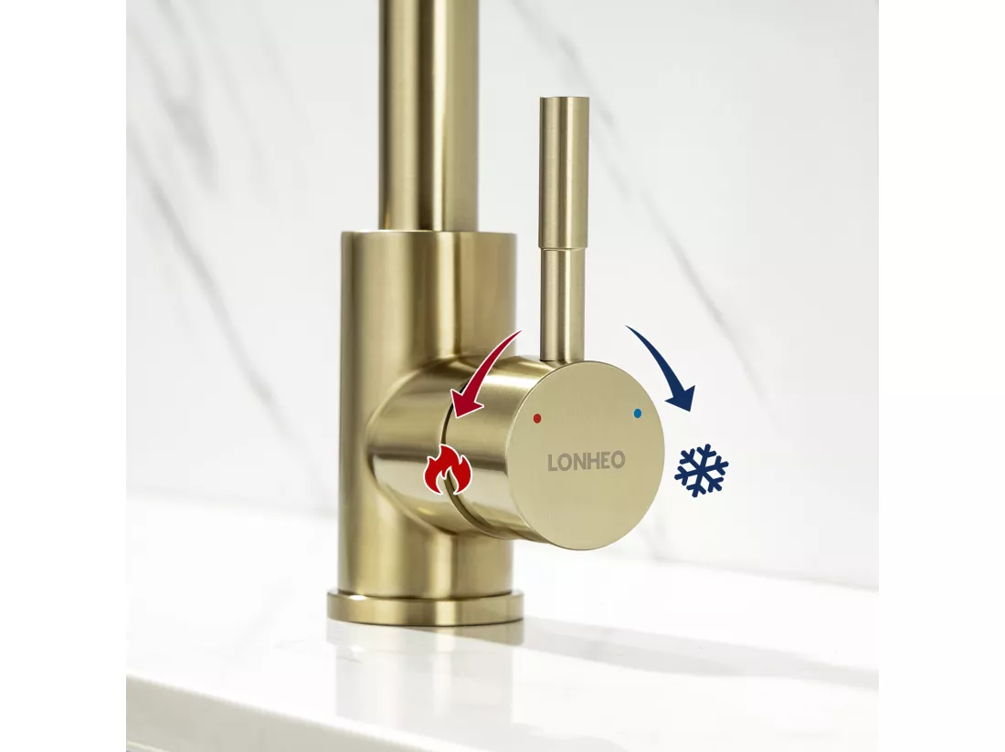 Robinet Cuisine Mitigeur Doré 7-Forme Bec Haut Rotatif 360°Robinetterie Monotrou Mélangeur de Cuisine Evier Robinetterie Mitigeur Eau et Froide