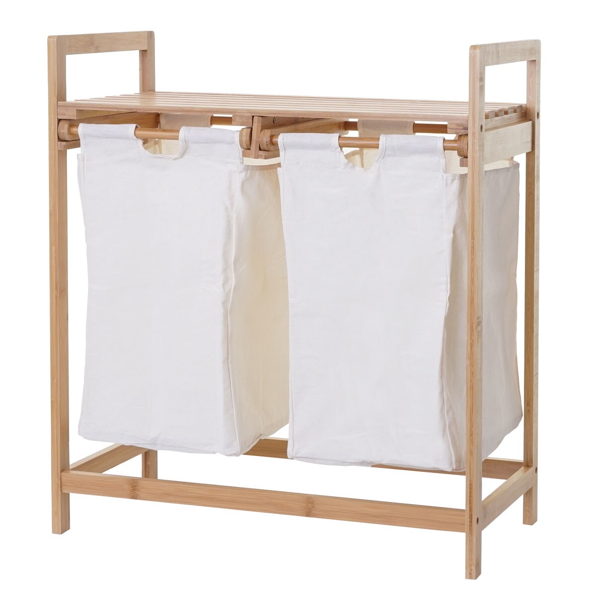 Wäschesammler MCW-B83, Laundry Wäschesortierer Wäschekorb Wäschebehälter, Bambus 2 Fächer 74x64x33cm 70l ~ weiß