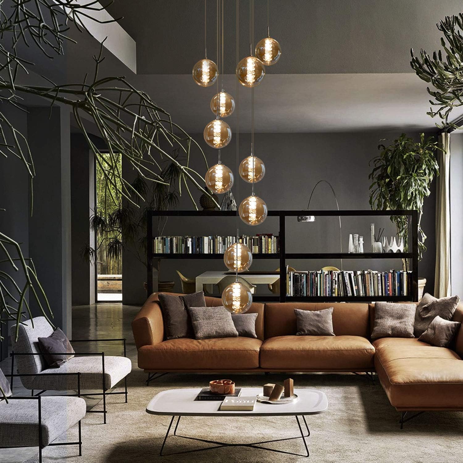 Pendelleuchte Wohnzimmer Pendellampe Modern - Treppenhaus Hängeleuchte 15 Flammig Hängelampe aus Glas 200CM Höheverstellbar Esstischlampe für Esszimmer Küche Esstisch Flur (Bernstein)