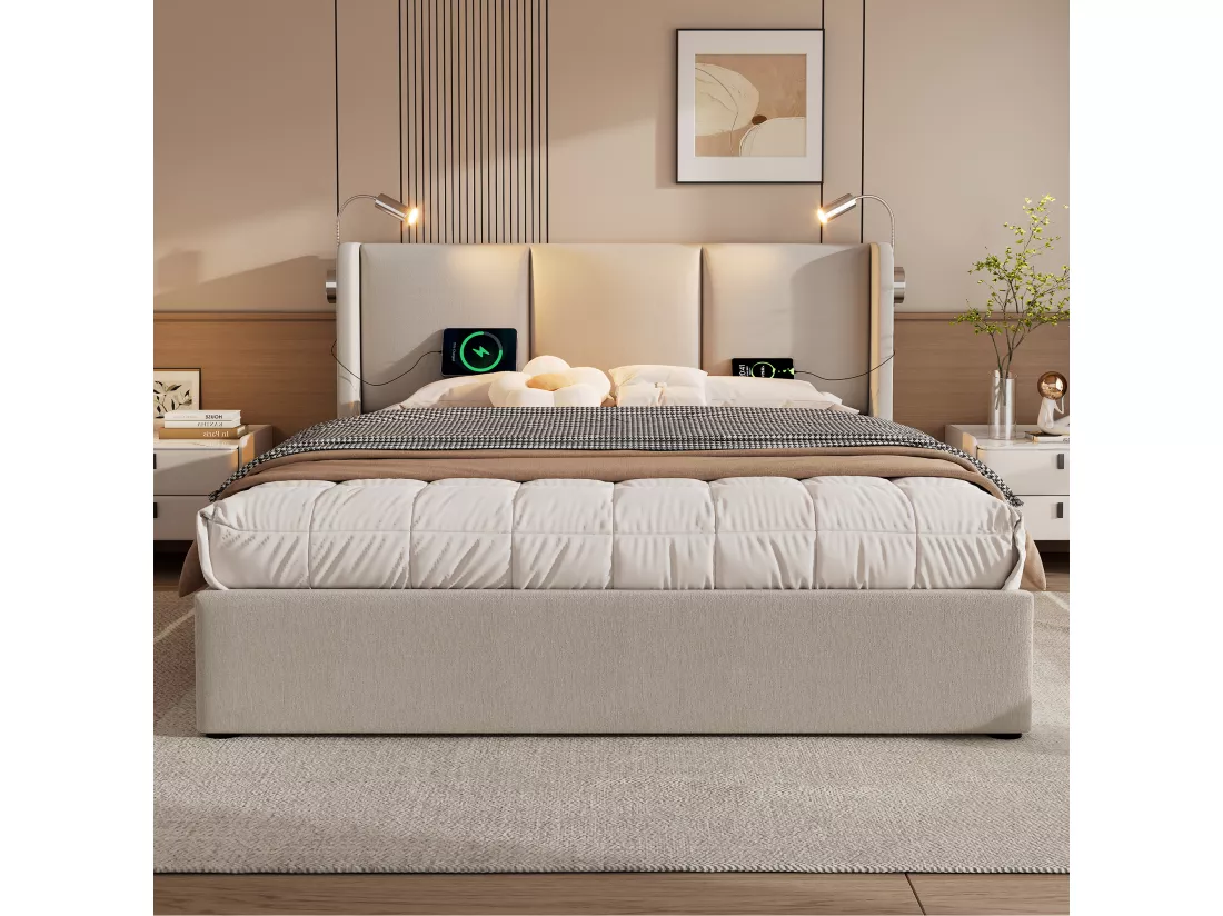 Lit coffre 160x200cm en lin - avec lampes de lecture et Ports de charge USB - avec sommier à lattes - Beige