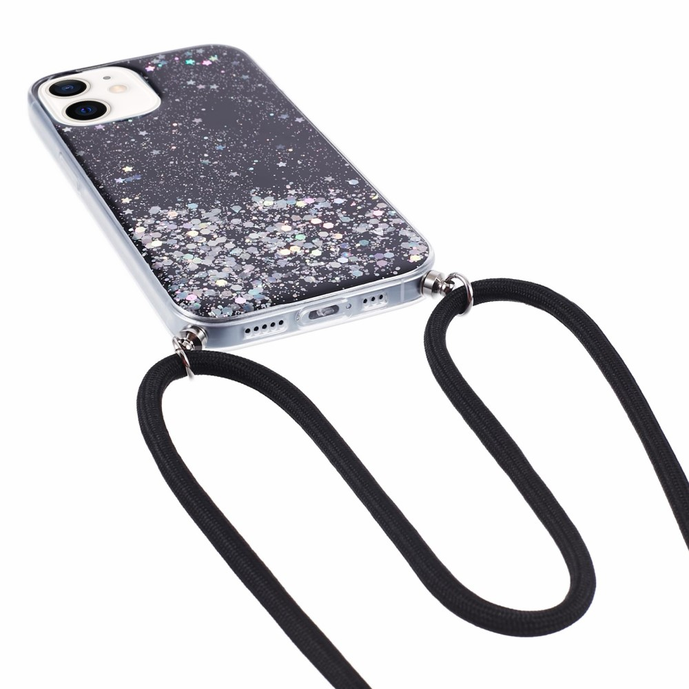 iPhone 12 / iPhone 12 Pro Necklace Gummi Hülle im Glitzer Design   Handykette (140cm) - Schwarz / Transparent