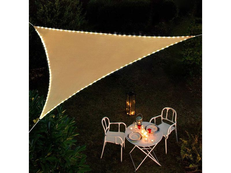 COCON Sonnensegel LED Solar, 360 cm, Dreieck, Beige Schattentuch für Terrasse oder Balkon