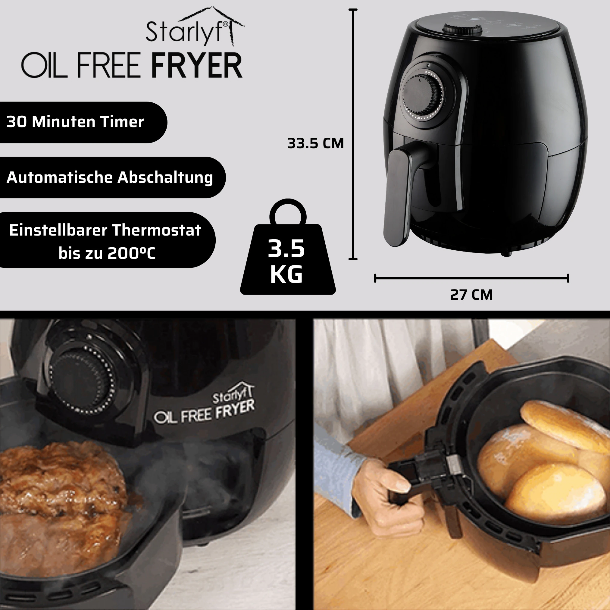 Starlyf® Heißluftfritteuse 3,8 Liter, Timer, spülmaschinenfest Oil Free Fryer