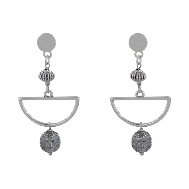 Boucles d'Oreilles Clous Métal Argenté Demi Lune et Perle Tête de Lion