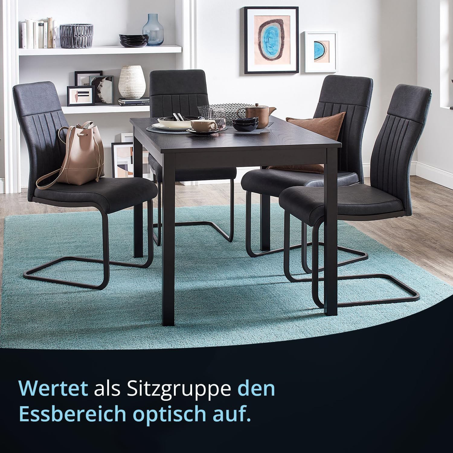 KHG 4er Set Esszimmerstühle Schwingstuhl Polsterstuhl Küchenstuhl Kunstleder Anthrazit - Design Stuhl Sitzhöhe 48 cm - Freischwinger mit Griff, für Esszimmer, Büro, Küche
