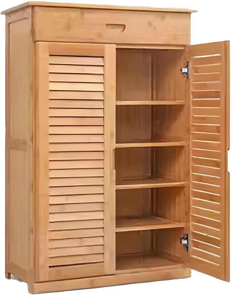 Rustikaler Schuhschrank aus Holz mit verstellbaren Regalen, geschlossener Rückseite, in Naturfarbe, für Schrank, Eingangsbereich, Garage, Schlafzimmer, Einzelschublade A – 66 cm L x 33 cm B x 99,5 cm