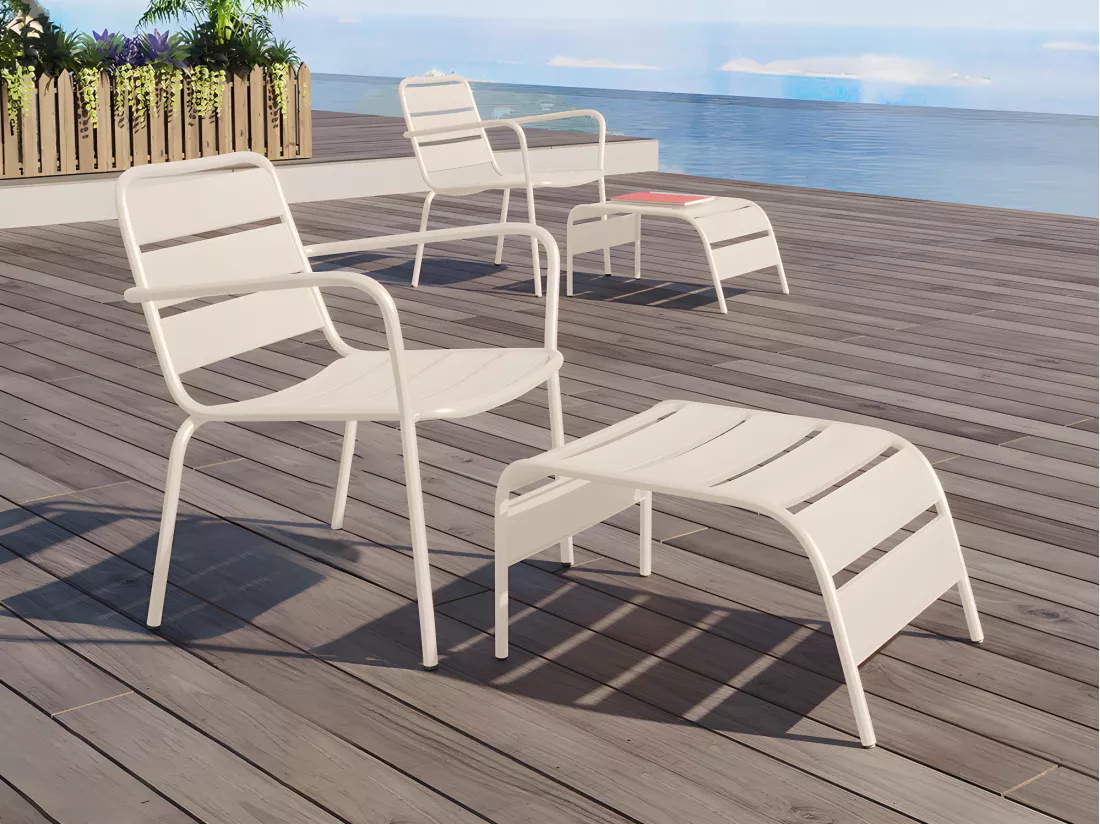 Fauteuil bas de jardin empilable + repose pied en métal - Beige - MIRMANDE de MYLIA