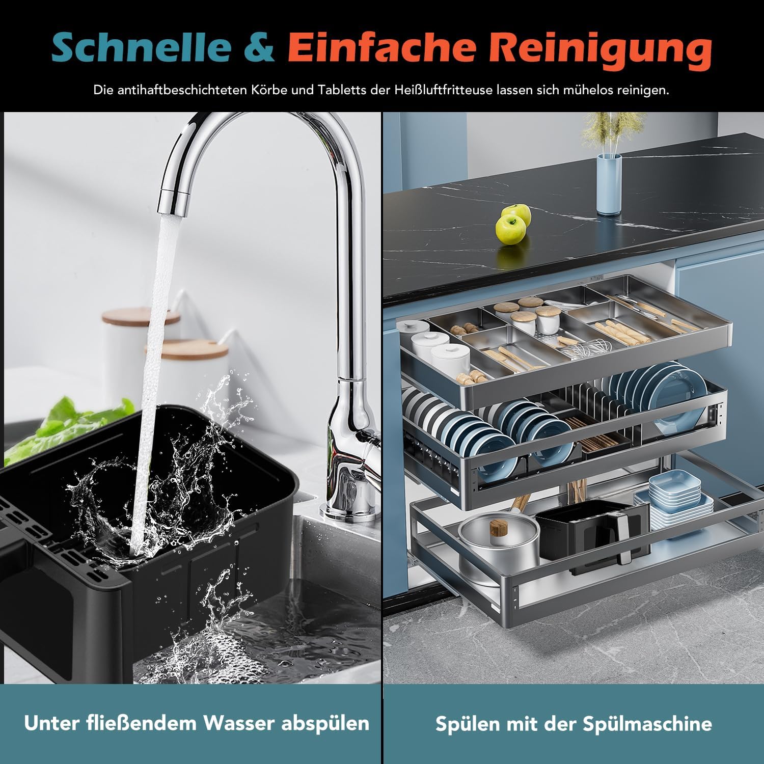 Airfryer Dual Basket 10L 2 Körbe 2 Gerichte Gleichzeitig Fertig Weniger Fett Energieeffizient Einfache Reinigung Airfryer - Digitaler Touchscreen Beleuchtetes Sichtfenster Silber&Schwarz