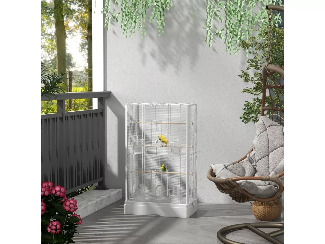 Cage à oiseaux volière avec portes perchoirs - 61 x 36,5 x 98 cm - blanc