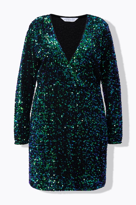 Kleid, Wickeloptik, Pailletten, V-Ausschnitt, Langarm