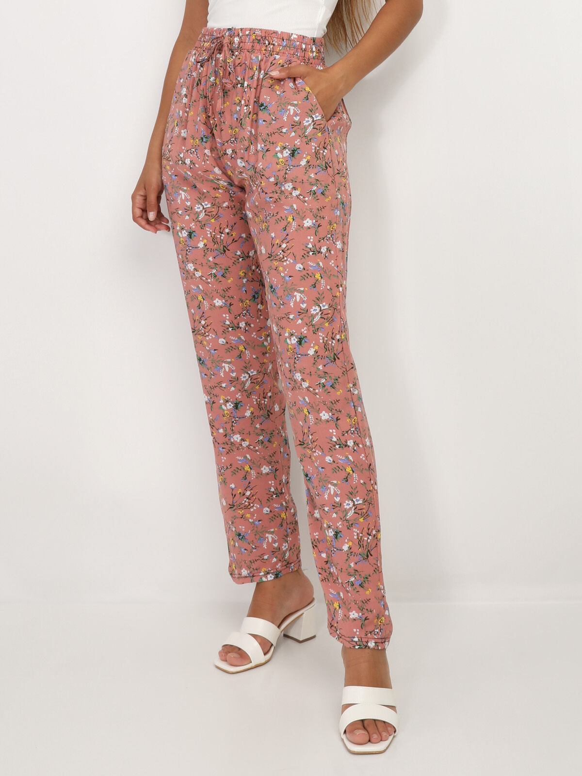 Pantalon léger à motif fleurs- Vieux rose