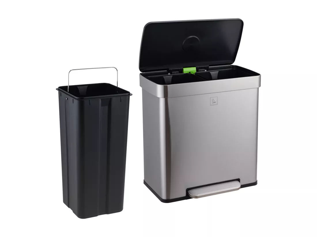 SVITA LT2X30 Poubelle 60l Poubelle à pédale 2 compartiments avec couvercle Argent