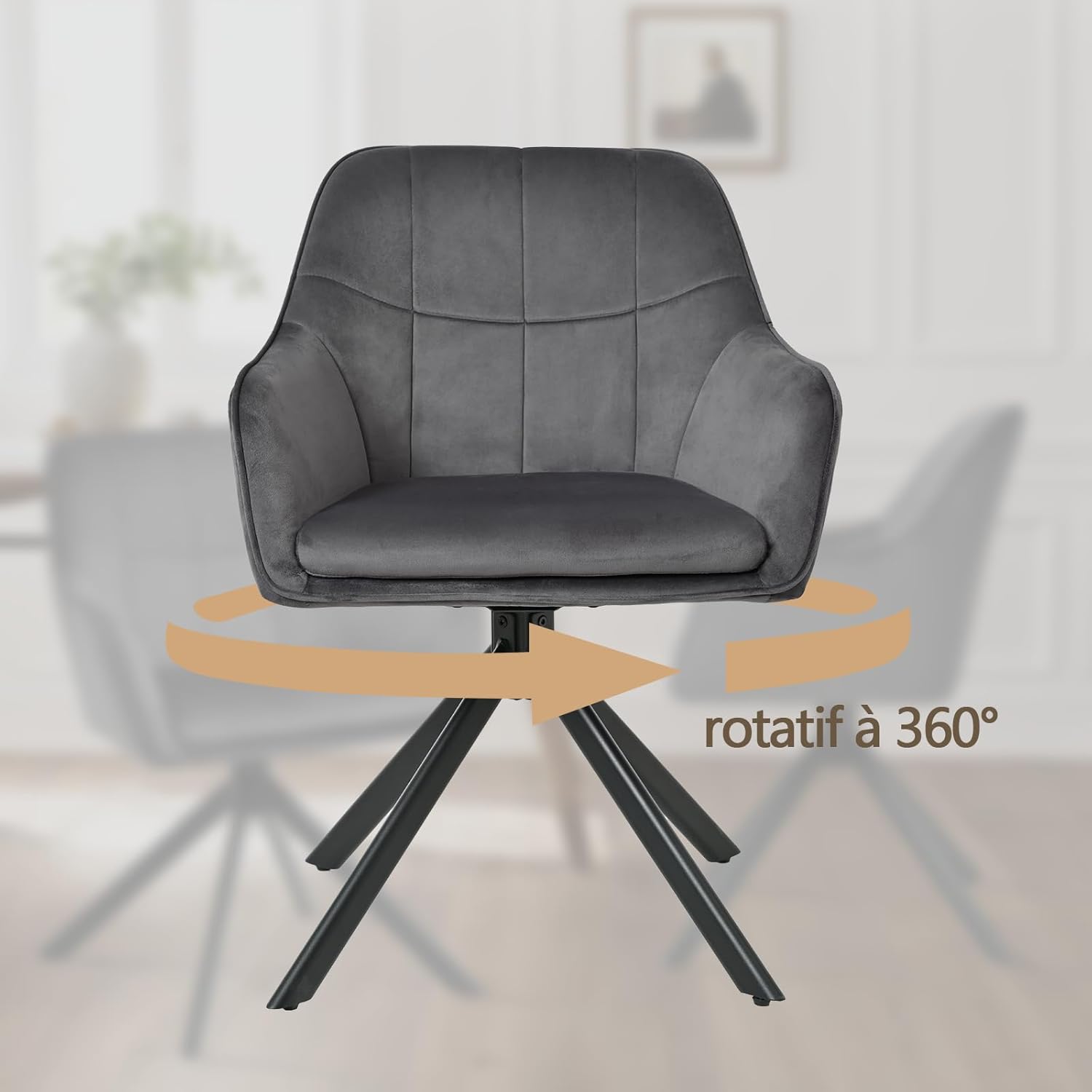 Esszimmerstühle drehbar 2er Set Grau Armlehnenstuhl Polsterstuhl drehstuhl Esszimmer drehstühle aus Samt Küchenstuhl mit Metallbeine für Wohnzimmer Esszimmer