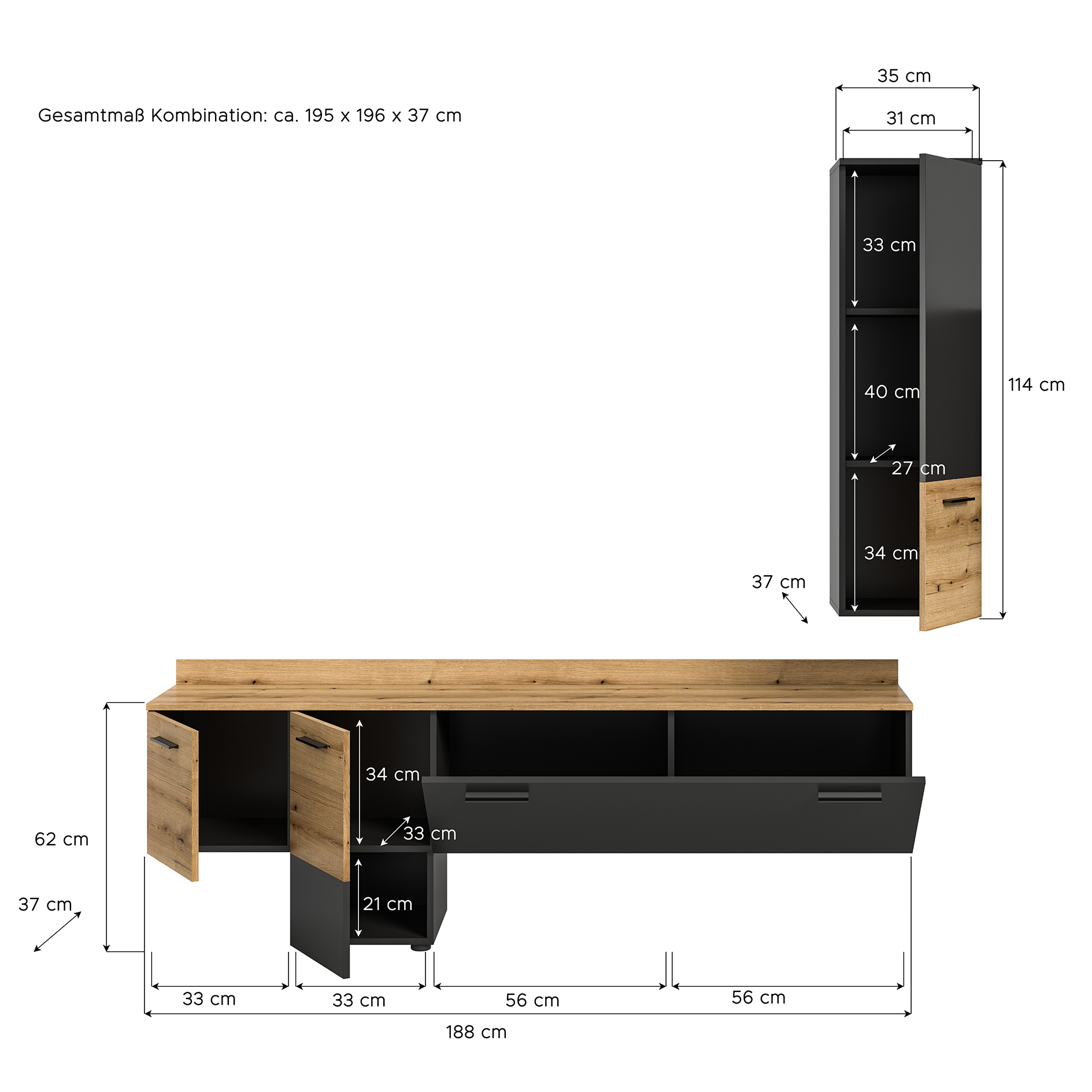 2-teiliges Wohnwand-Set GOAL - grau - Evoke Oak - LED-Beleuchtung