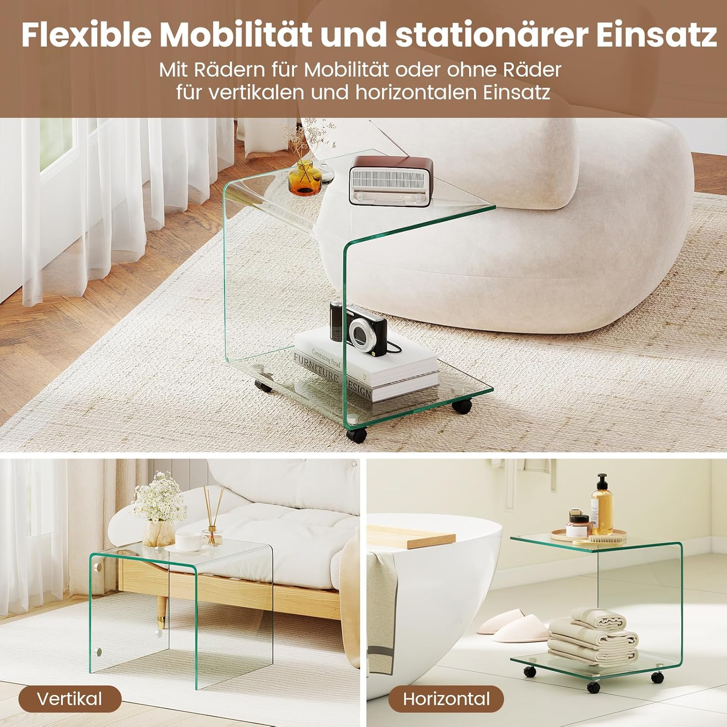 COSTWAY Beistelltisch aus gehärtetem Glas mit Rollen, Glastisch C-Form, Nachttisch, Sofatisch, Kaffeetisch für Wohnzimmer, Schlafzimmer, 45 x 40 x 48 cm (Transparent)