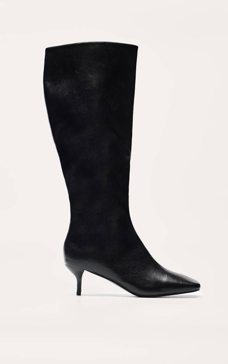 Noir Botte Haute Au Genou À Bout Pointu Carré En Synthétiquecuir Souple Et Talon Bobine