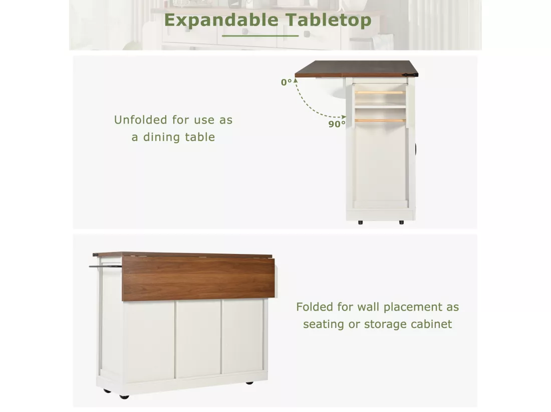 Ilot central de cuisine - avec plateau escamotable - 2 portes coulissantes avec étagères et 3 tiroirs - Beige