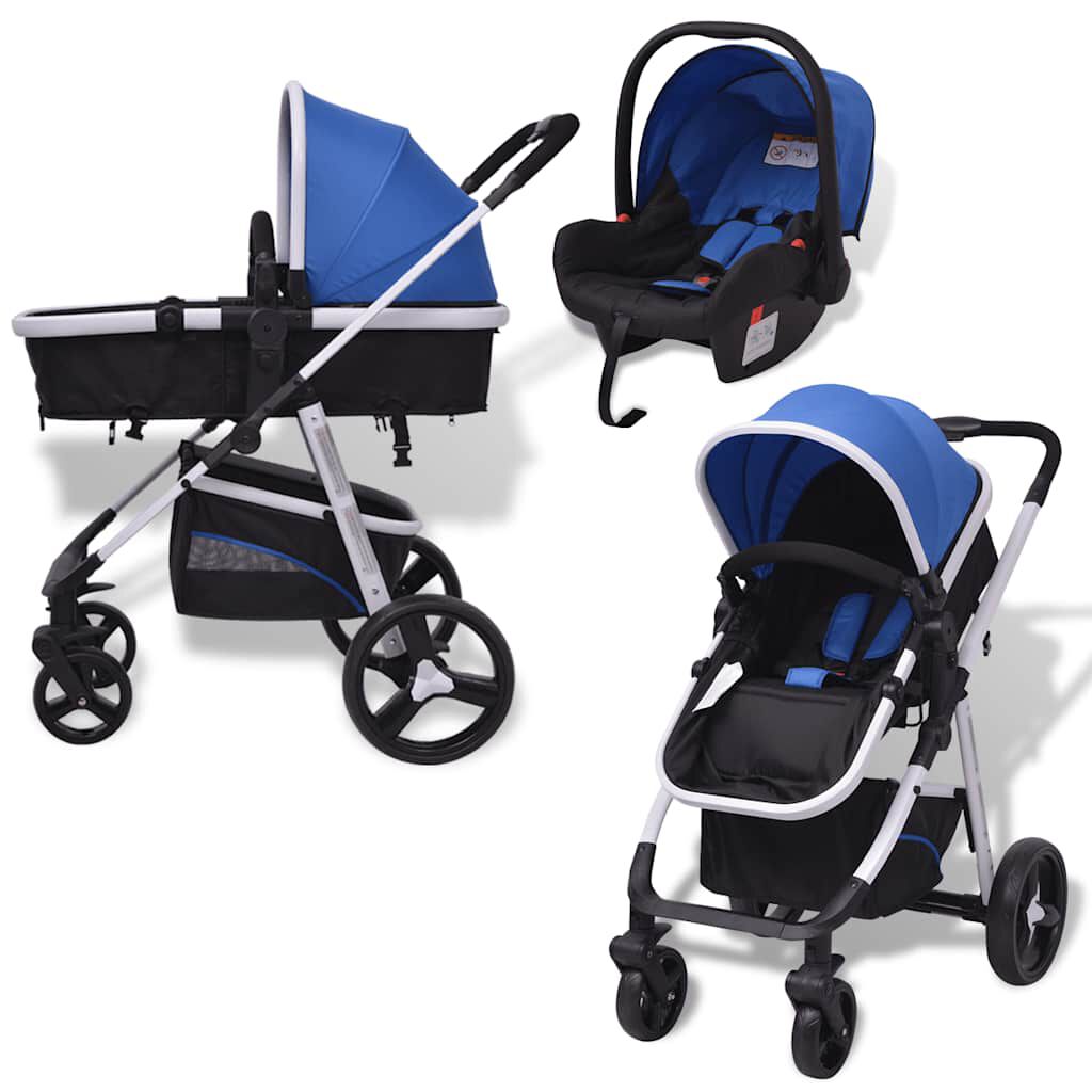 vidaXL 3-in-1 kinderwagen aluminium blauw en zwart