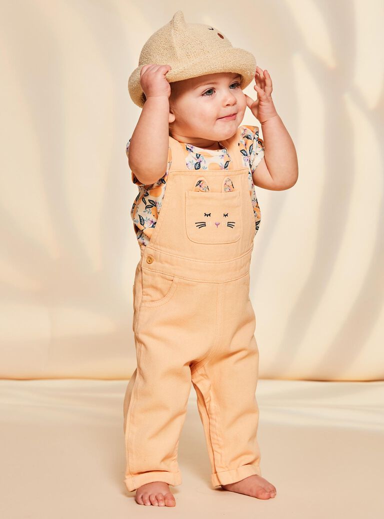 Salopette orange clémentine en twill à découpe oreilles de chat