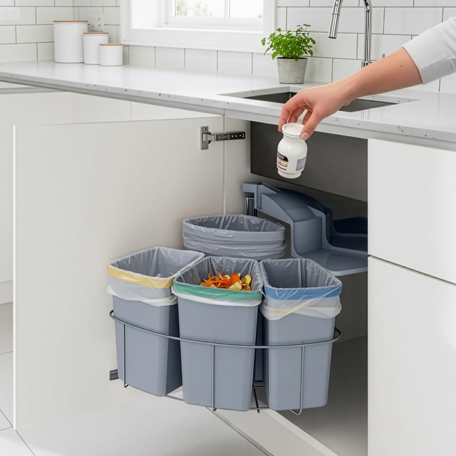 [en.casa] Einbau-Mülleimer Küche Kollby Mülltrennsystem 4fach für Unterschrank 50 cm breit 3 x 6L+1 x 12L Einbaumülleimer schwenkbar mit Deckel Grau