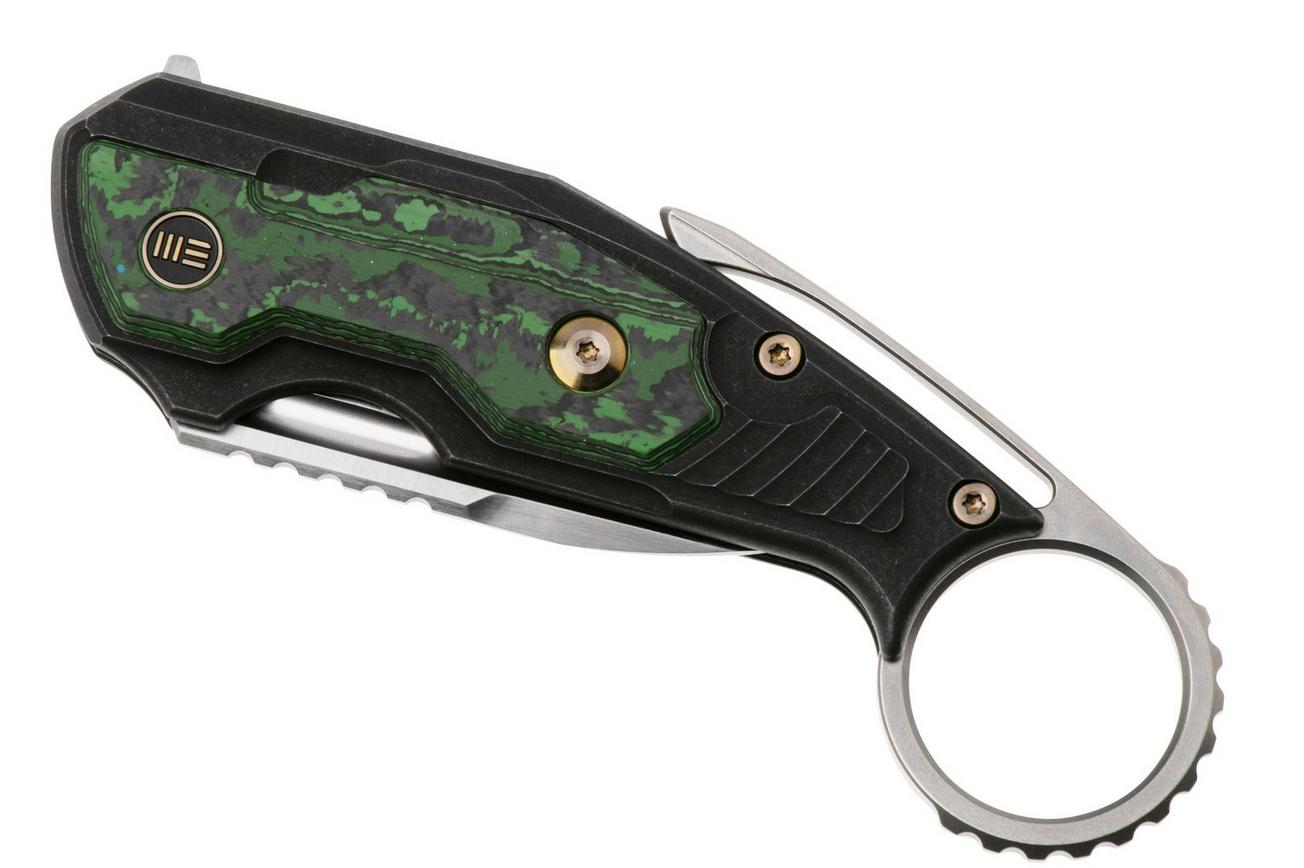 WE Knife Yardbird WE22021-4 Satin CPM 20CV, Black Titanium, Jungle Wear Fatcarbon Fiber Inlay, karambit zakmes, Maciej Torbé design