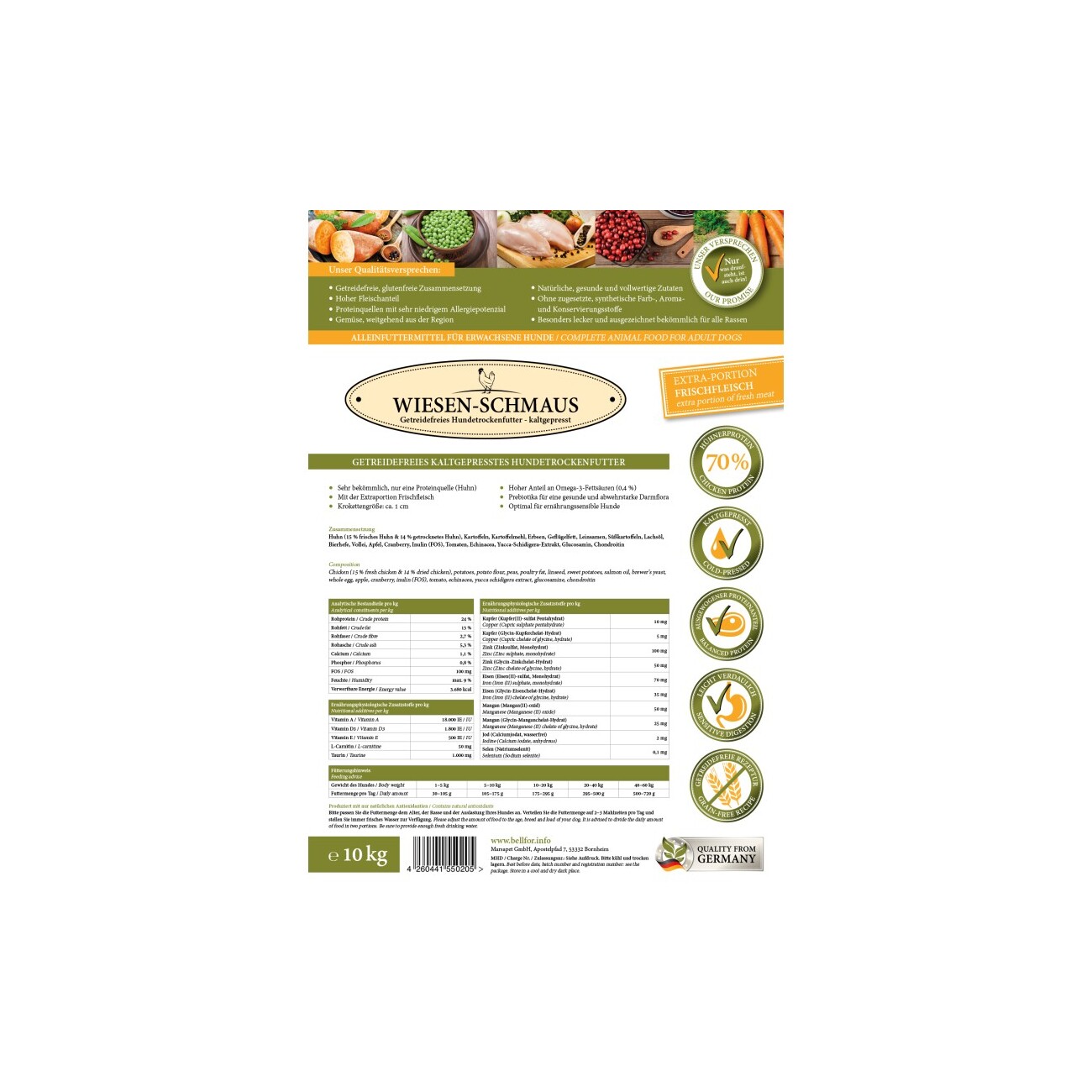 Bellfor Sparset Nr. 3 - Wiesen-Schmaus 10kg + Fleischstreifen Truthahn 100g + Fleischstreifen Ente 100g