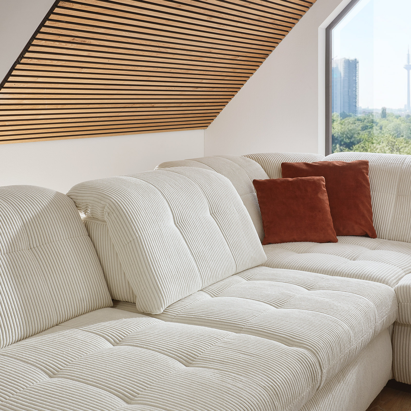 polsterpower Ecksofa - Cord natur - Basismodell - Anstellhocker rechts