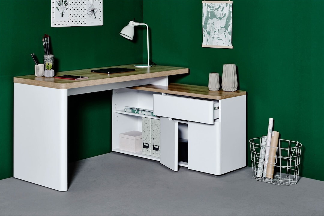 Winkelschreibtisch Riviera Eiche Nachbildung/Weiß matt ca. 140 x 118 x 77 x 55 cm