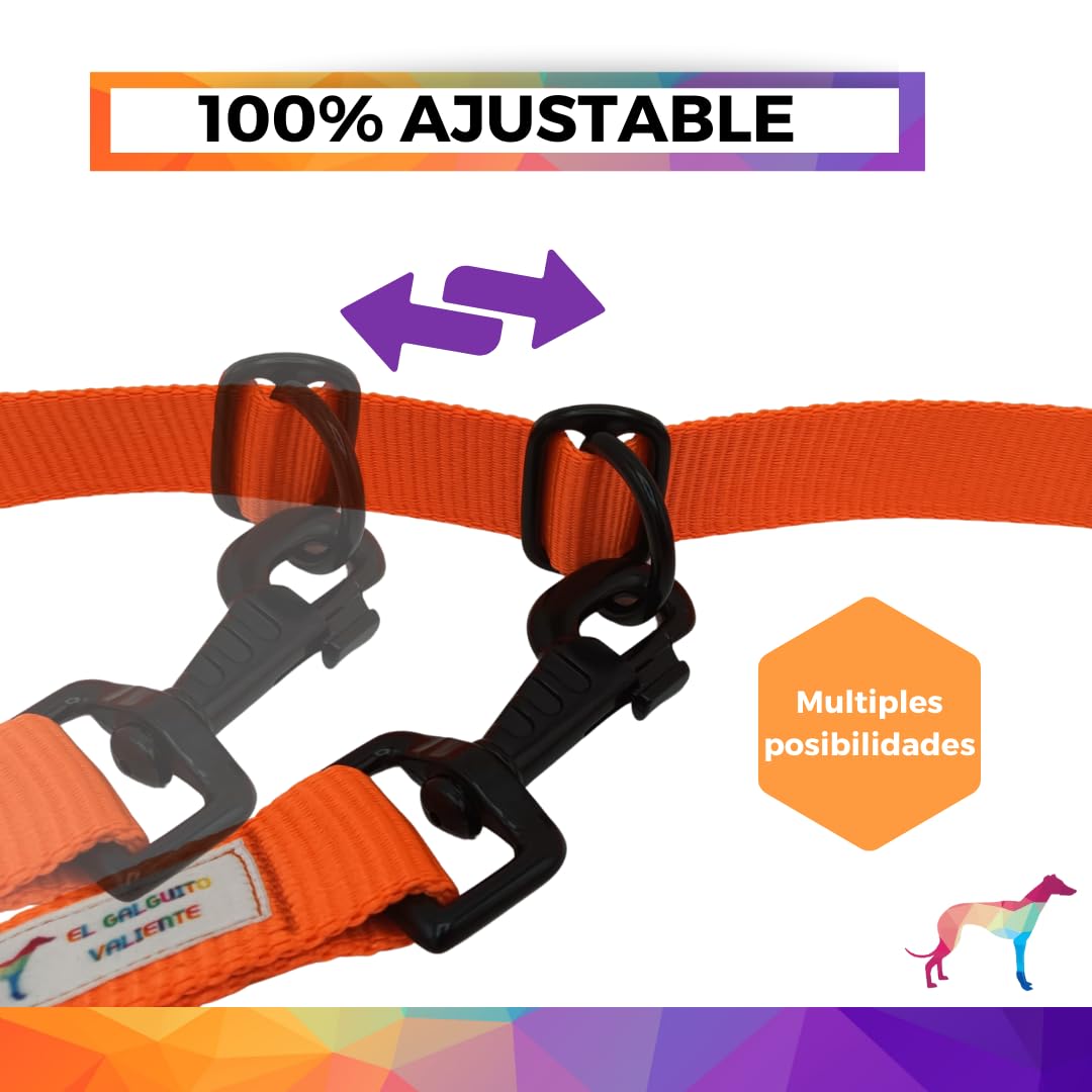 Guia para cães EGV com múltiplas posições e alça dupla de neoprene. Guia para cães que permite o uso com as mãos livres, com 2,5 metros de comprimento. (Laranja)