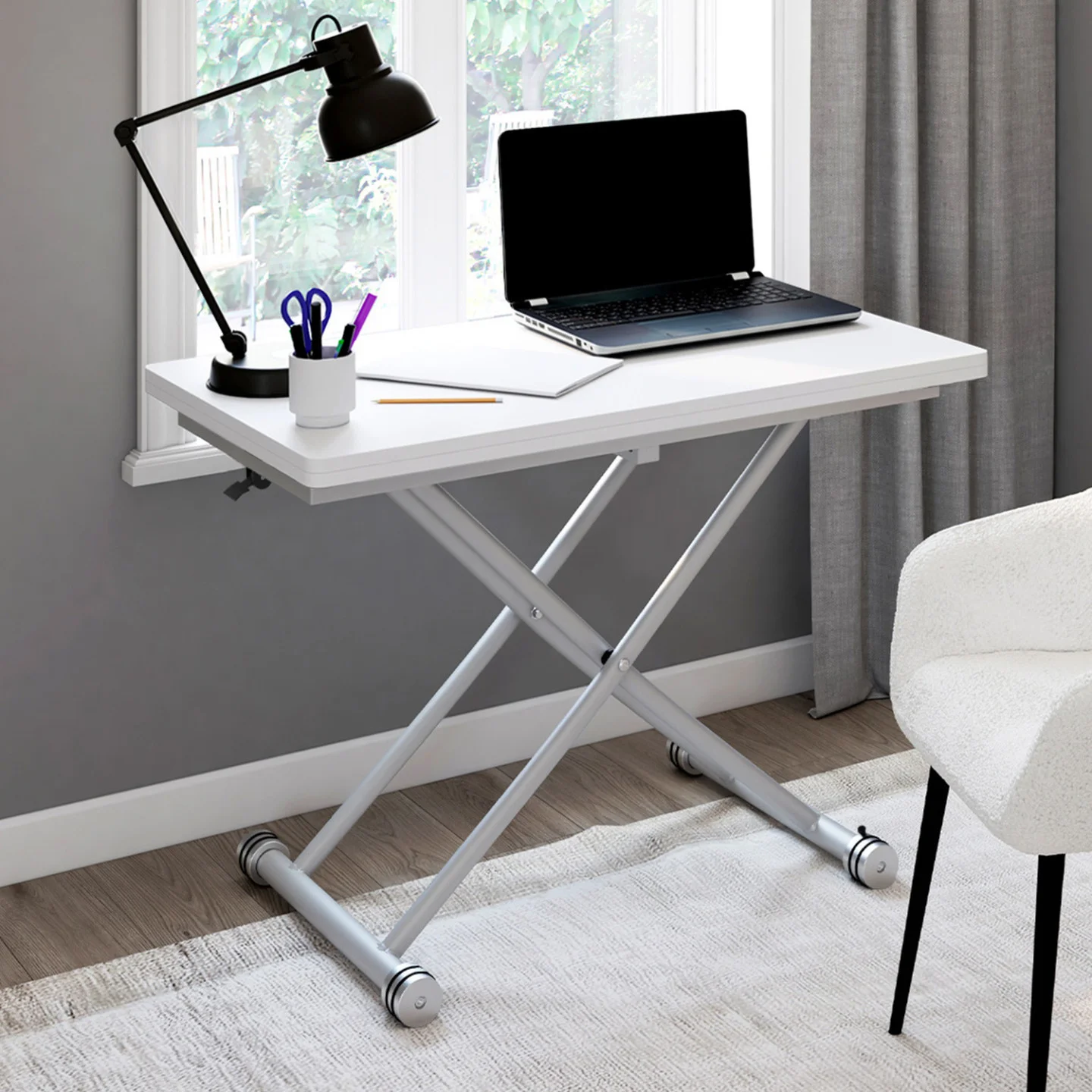 Table basse 2-en-1 relevable en table à manger 6-8 personnes plateau portefeuille URBANA plateau blanc pied chrome