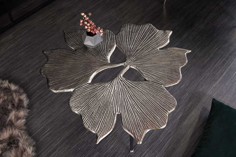 Dekorativer Couchtisch GINKGO LEAFS 75cm silber handmade Metall