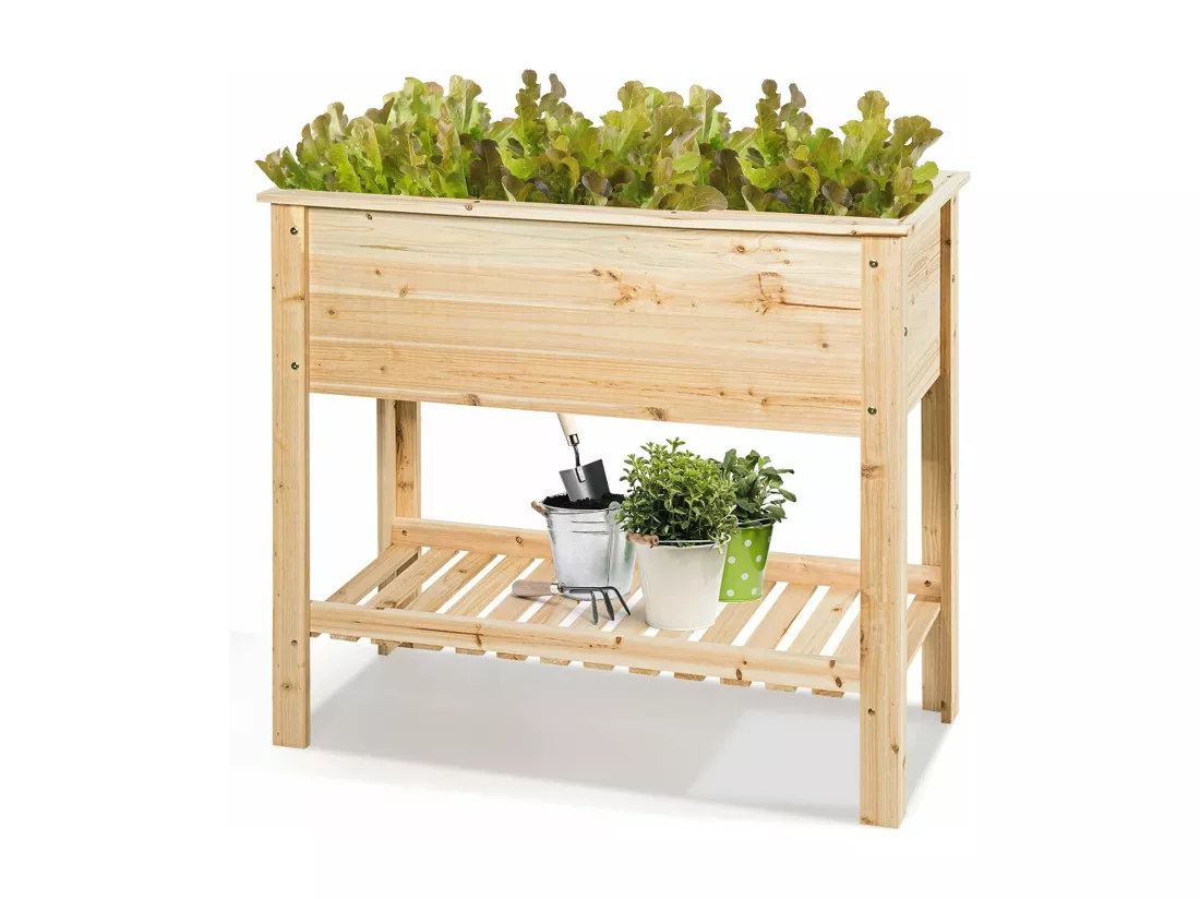 Jardinière Surélevé en Bois avec Étagère, Idéal pour la Croissance des Plantes, Fleurs, Végétaux, 92 x 41x 81 cm