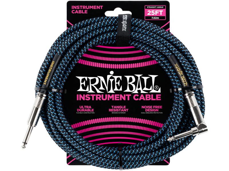 Ernie Ball Instrumentenkabel 6060 – 7.62 m, Blau/Schwarz Geflochtenes Standardkabel für Instrumente, Klinke-Winkelklinke