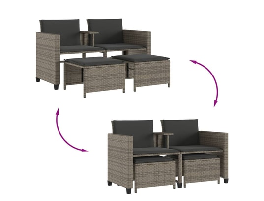 VIDAXL - Salon extérieur Canapé de jardin 2 places avec table et tabourets gris rotin