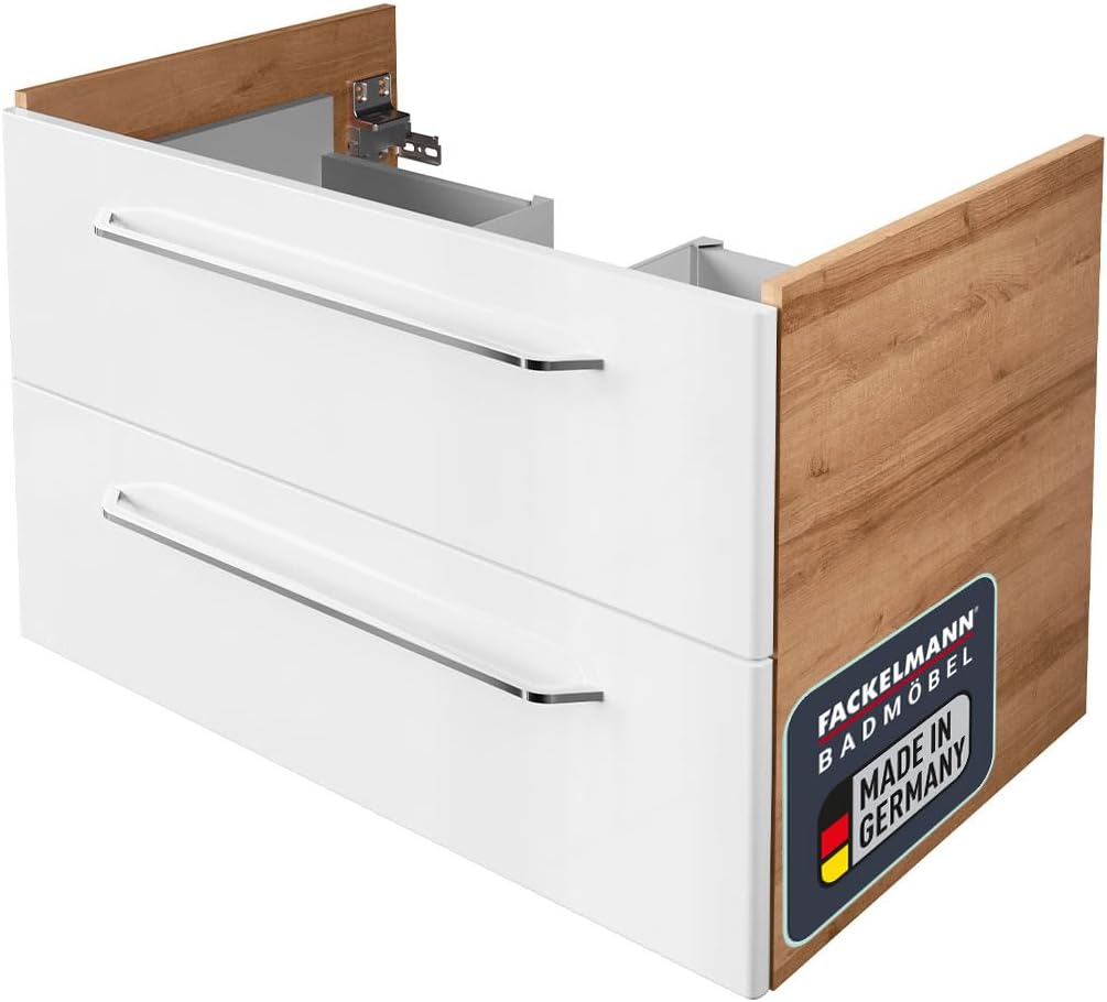 FACKELMANN Milano Waschbeckenunterschrank mit Schubladen – Unterschrank für Waschtisch im Bad (80 cm x 49,5 cm x 48 cm) – Badschrank hängend in Weiß mit Holz braun