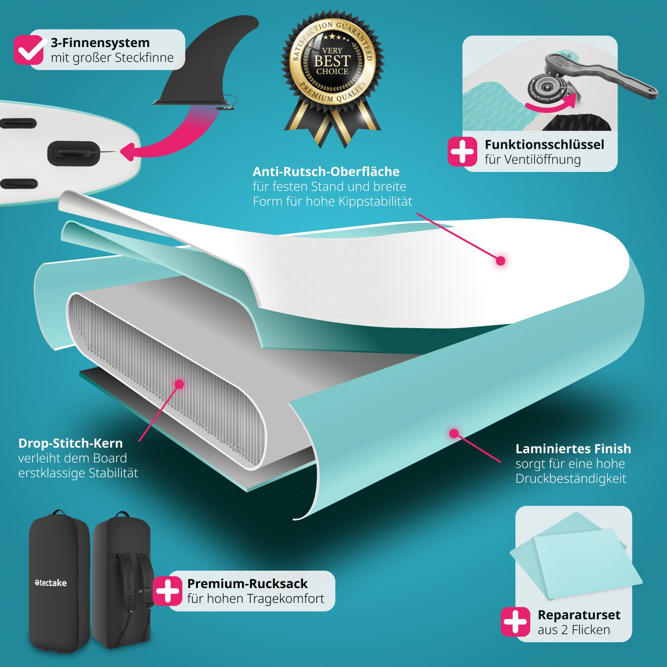 tectake® Stand-Up Paddle Board, 2in1, aus Drop-Stitch Material, Belastbarkeit 200 kg, 288 x 77 x 22,5 cm