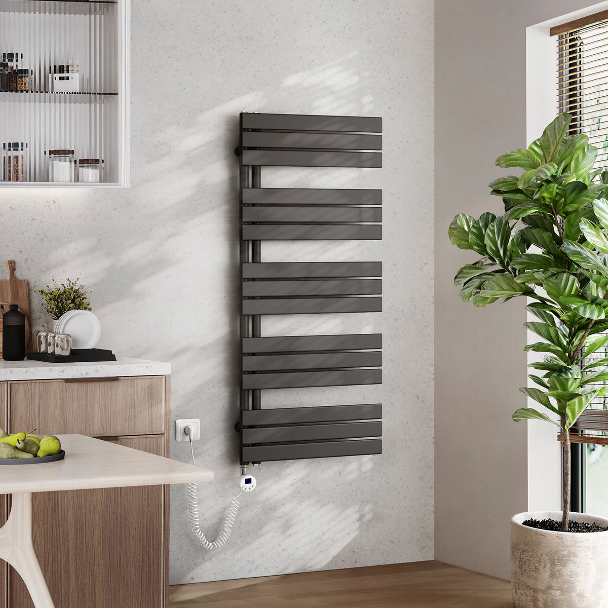 EMKE Elektrische Design Paneelradiator met Thermostaat en Timer voor Handdoekradiator, Zijdelings Open, Verticaal, 800 Watt, 60 cm x 132 cm, Antraciet