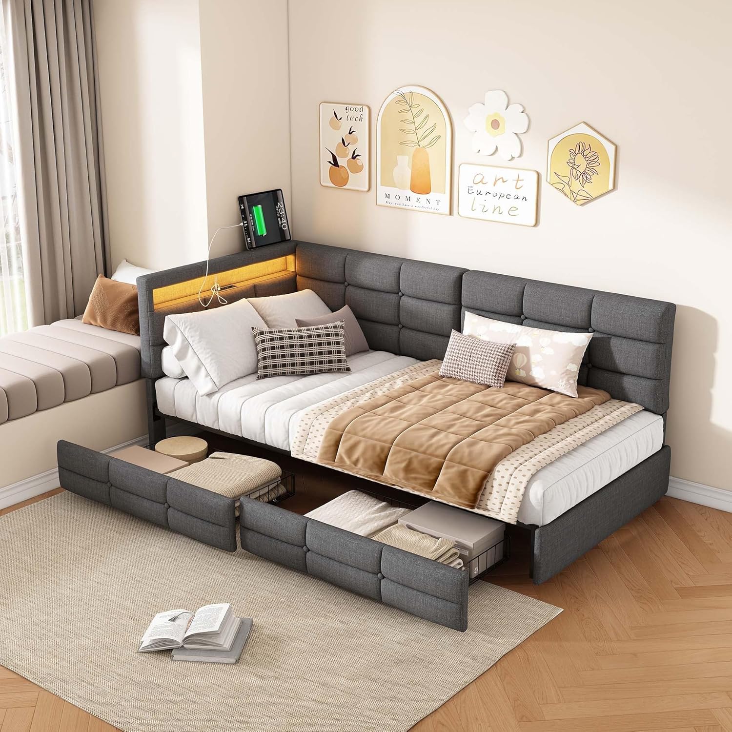 Polsterbett Schlafsofa 90x200 mit LED-Beleuchtung, Kinderbett Einzelbett mit Stauraum Schubladen und Kopfteil, Tagesbett Jugendbett Bettgestell mit Lattenrost, ohne Matratze (Graues Leinen 90cm) YB9581040