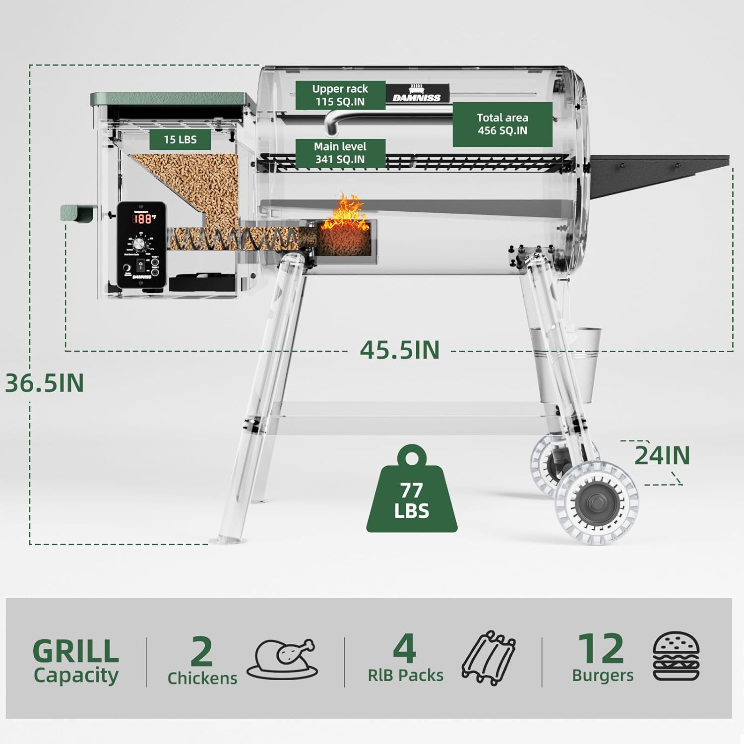 Grills HWPG-305C Elektrischer Holzpellet-Räuchergrill, 456 m² Kochbereich, Pelletgrill mit automatischer Zufuhr und PID-Temperaturregelung (82-230 °C), 8-in-1 BBQ Grill & Fleischsonde für
