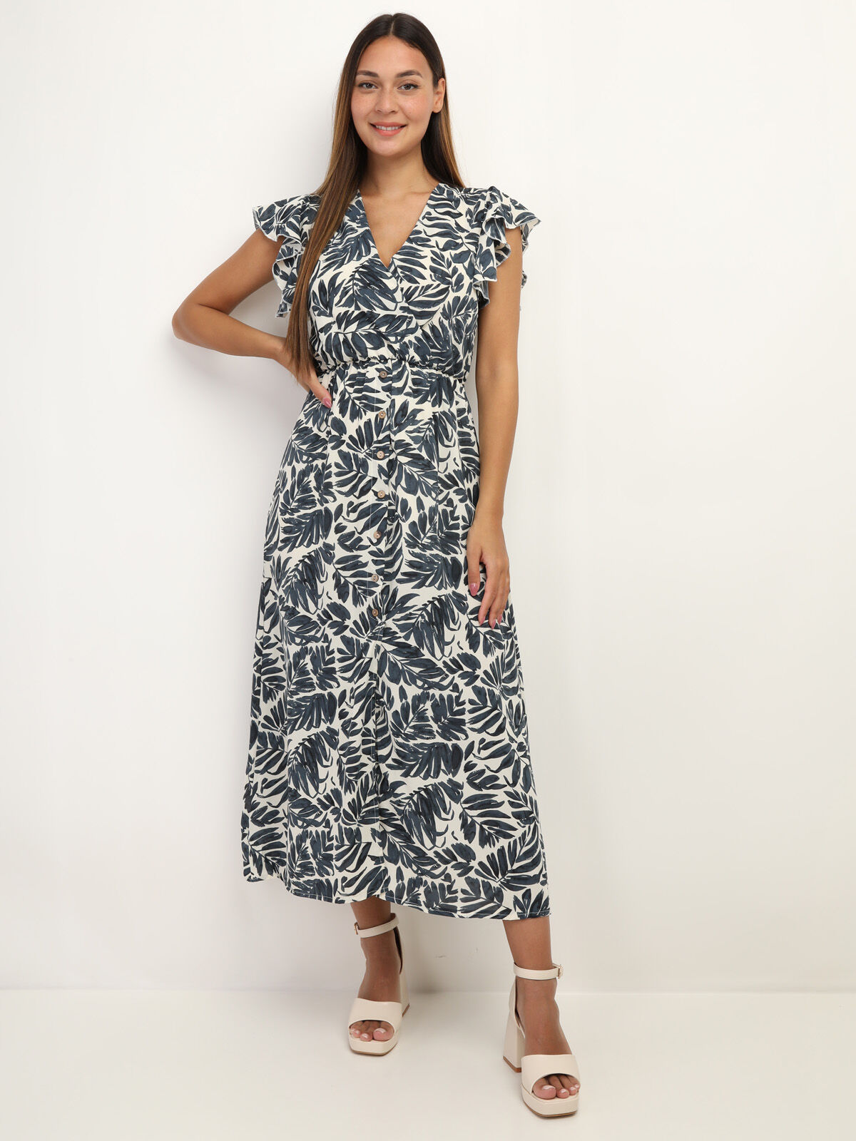 Robe longue cache cœur à imprimé feuilles- Bleu