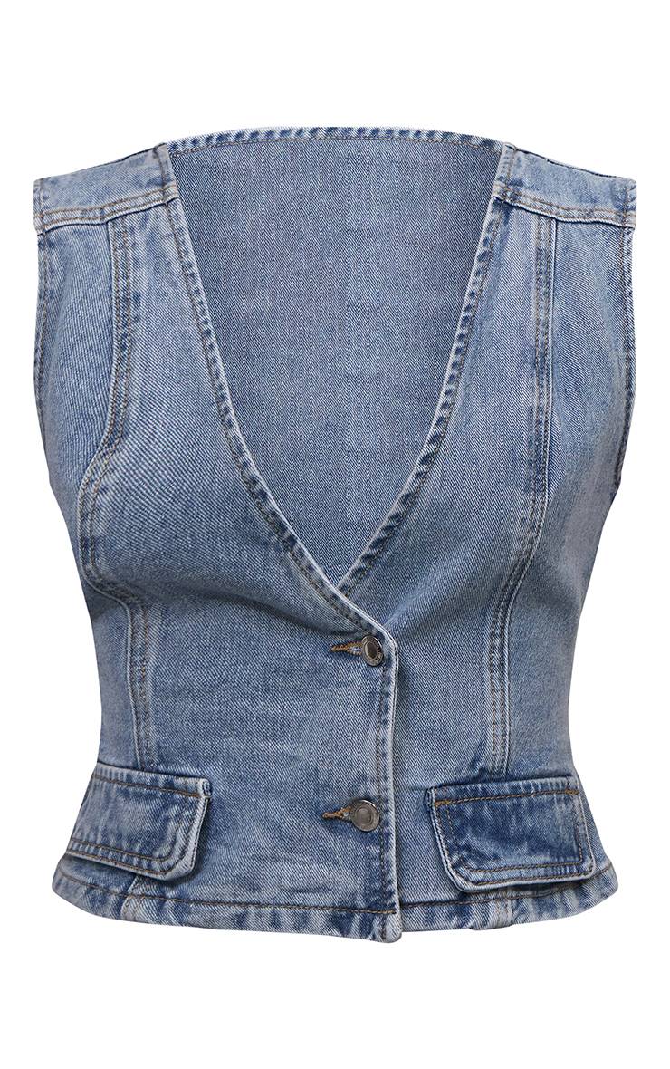 Mid Blue Wash Gilet En Jean Style Portefeuille Asymétrique