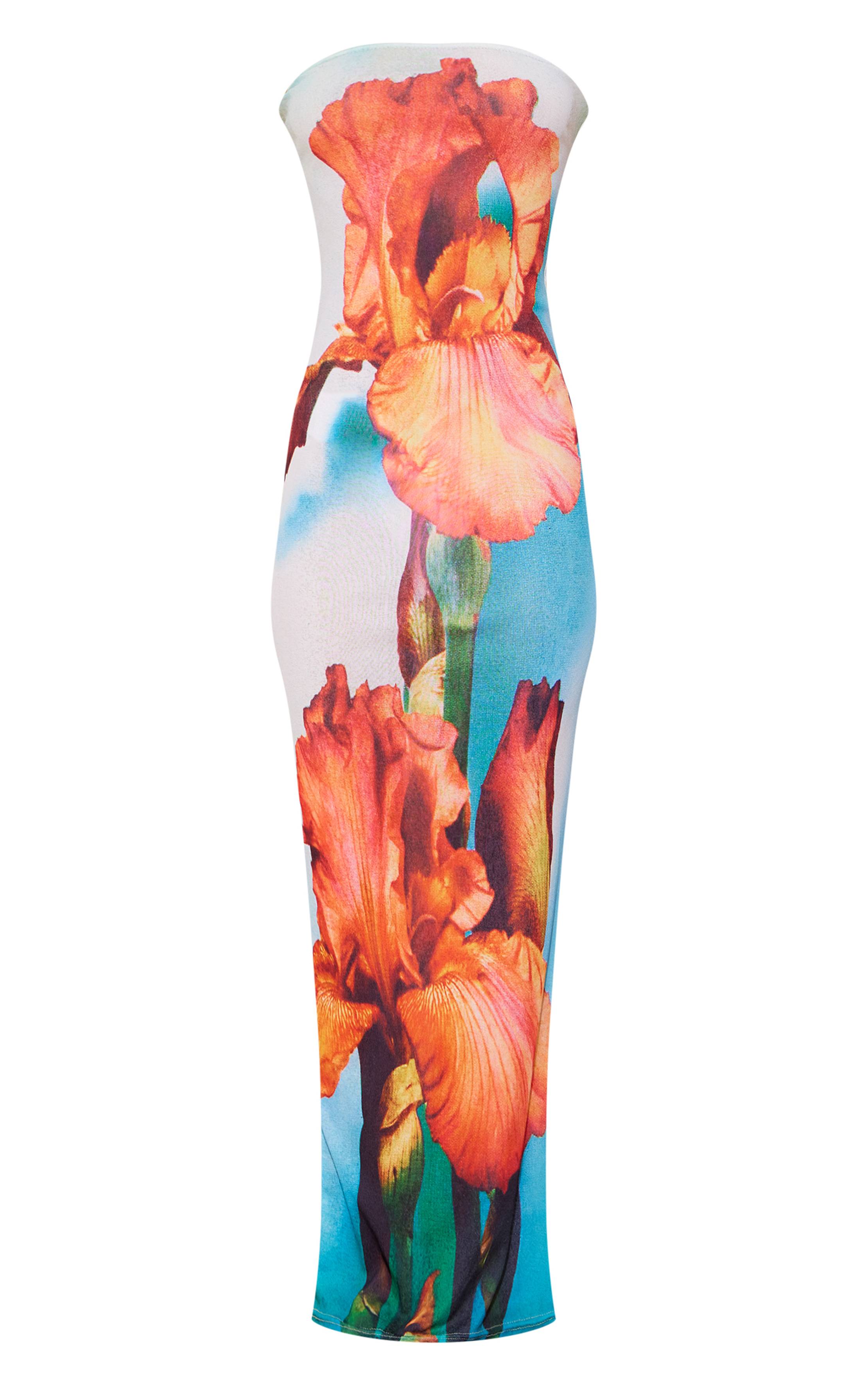 Bleu Robe Longue Bustier Imprimé Orchidée En Pelure D'oignon