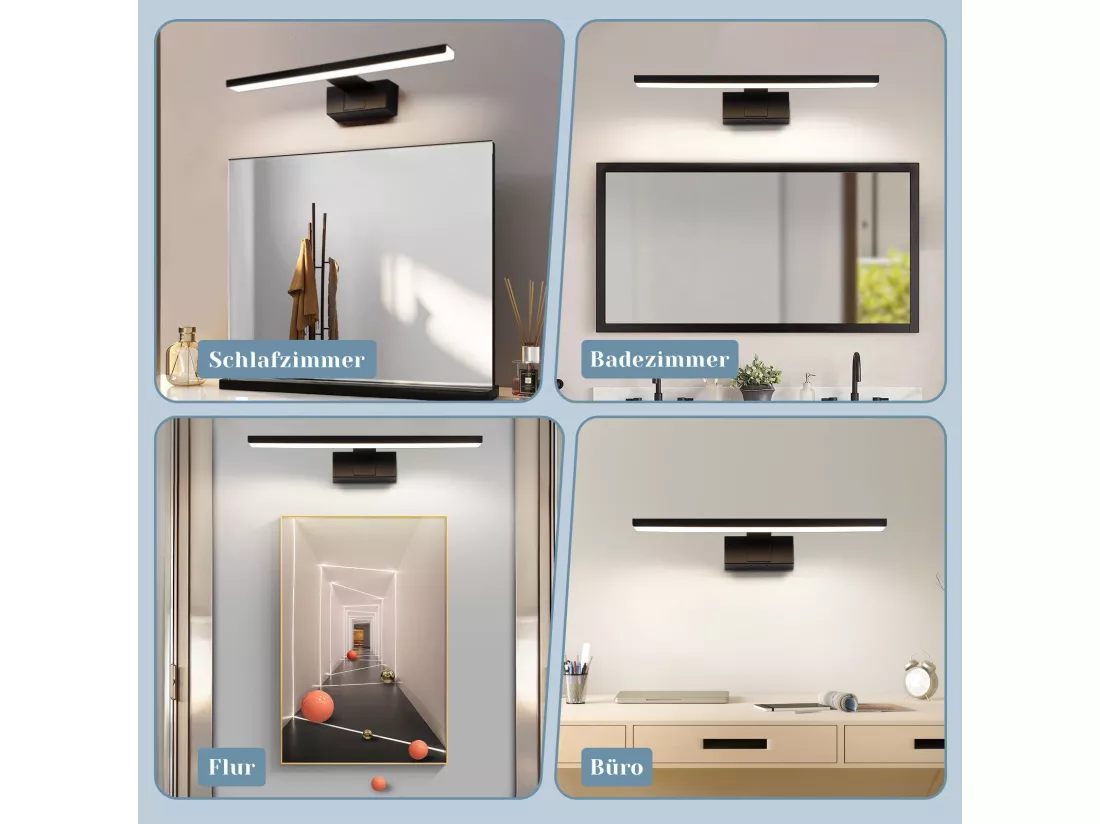 NETTLIFE Applique LED salle de bain，lampe miroir LED,IP44 lampe armoire, Moderne, lumière blanche neutre 4000k MAX.12W, 60×5.1×12.8cm, noire