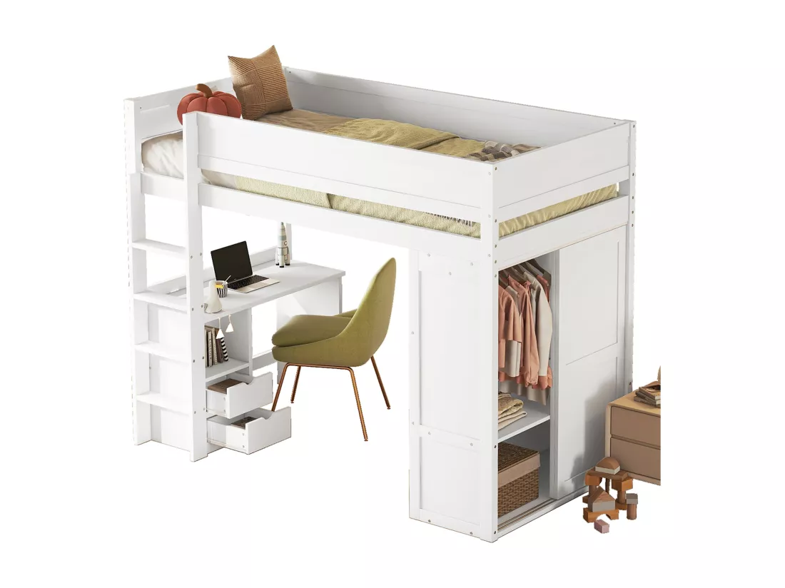 Lit mezzanine 90 x 200 cm avec bureau + 2 tiroirs - Armoir avec porte coulissante - Bois MDF - Blanc