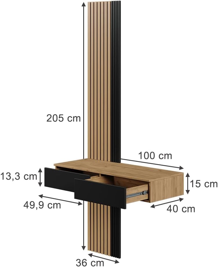 Vicco Schminktisch Melina, Eiche/Schwarz, 100 cm mit 2 Schubladen