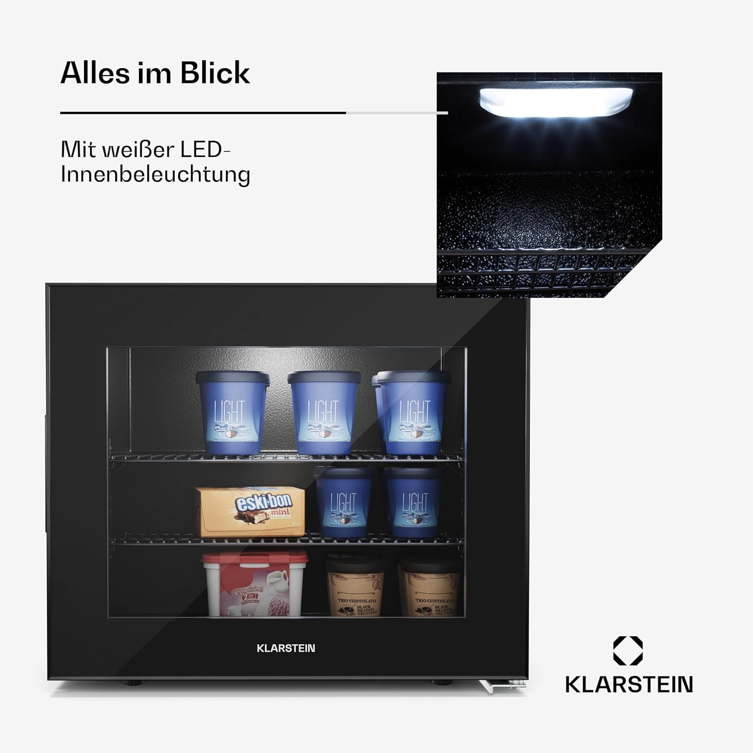 Klarstein IceAge 88 Mini Gefrierschrank, 88 L, Einstellbare Temperatur 0 bis -18 °C, Energieeffizient, LED-Innenbeleuchtung, 3 Einlegeböden, Kompakte Gefriertruhe, Kleine Design-Gefriertruhe, Schwarz