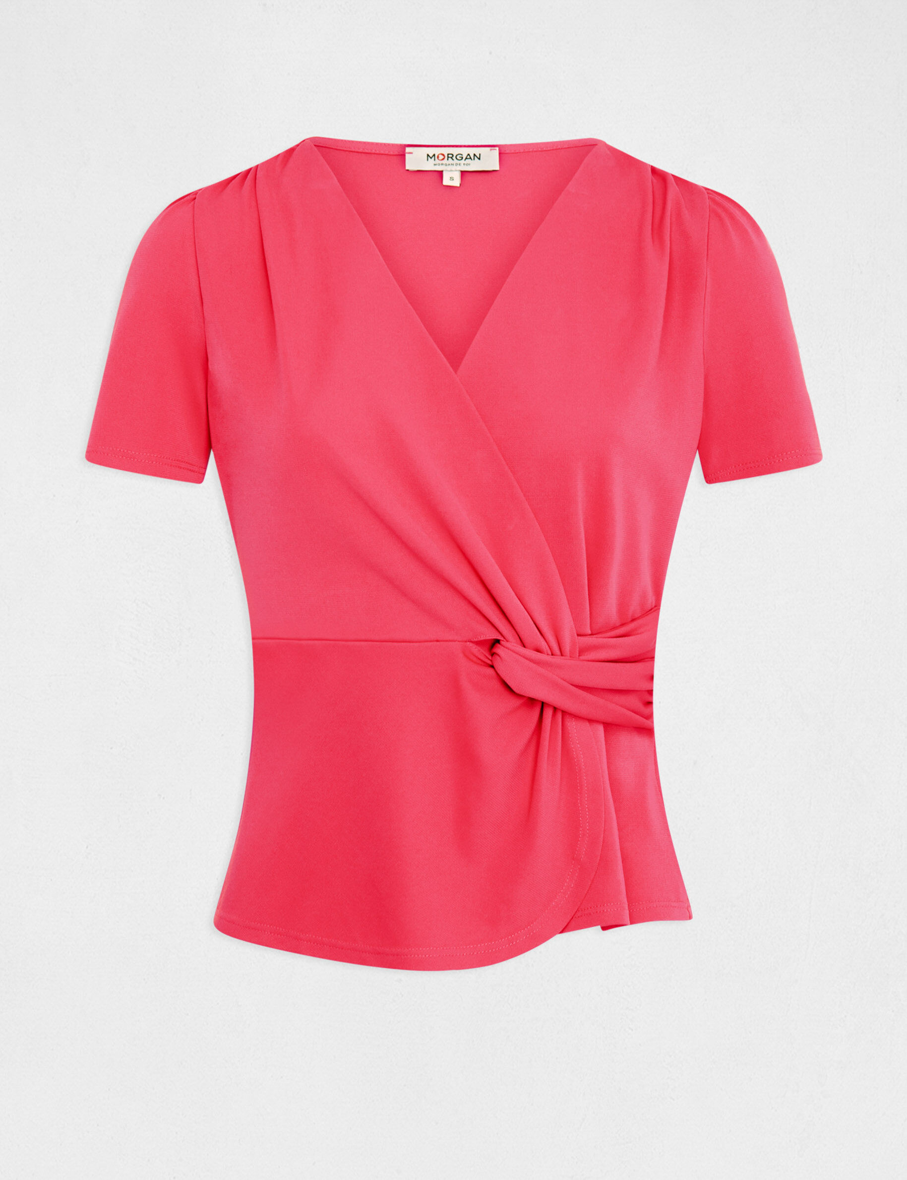 T-shirt manches courtes col cache-coeur framboise femme - framboise